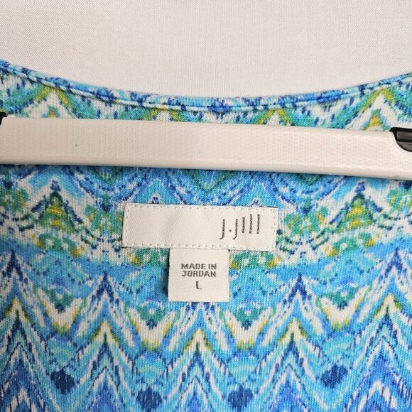 J. JILL Faux Wrap Maxi Dress BLUE GREEN GEO size L Pullover Stretchy Long Casual - Picture 3 of 6